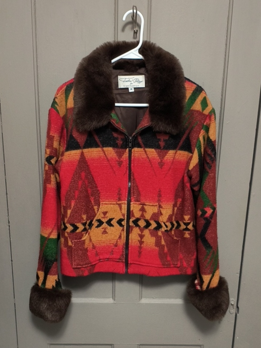 SaddleBlanket & CO. Tasha Polizzi Red Aztec Woven Jacket w/ Brown Faux Fur Trim